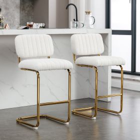 Mid-Century Modern Counter Height Bar Stools for Kitchen Set of 2, Armless Bar Chairs with Gold Metal Chrome Base for Dining Room, Upholstered Boucle
