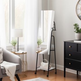 Full mirror wood flooring style, with storage shelves, white light beads, detachable foldable hanging bar at the back