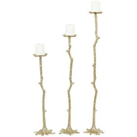 DecMode 3 Candle Gold Aluminum Abstract Tall Floor Textured Metallic Candle Holder with Stick Inspired Design, Set of 3